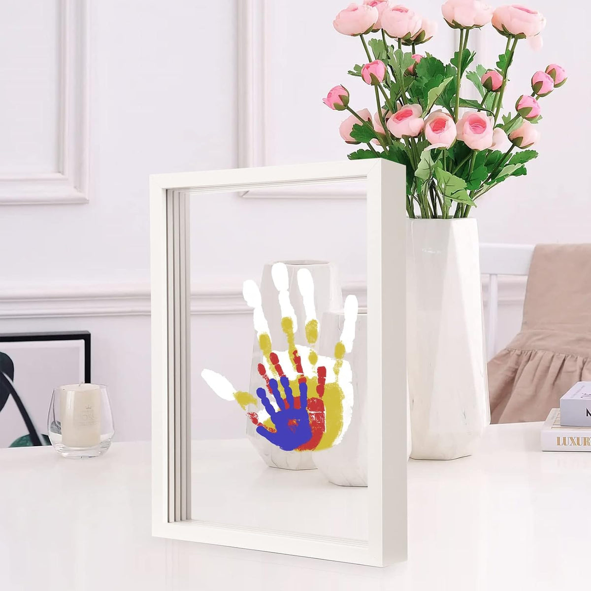 ⏳50 % de réduction pour une durée limitée⏰Kit familial d'empreintes de mains🎨 Kit cadeau souvenir familial à réaliser soi-même, panneau en acrylique,🖐️peintures colorées, peut accueillir jusqu'à 4 empreintes de mains