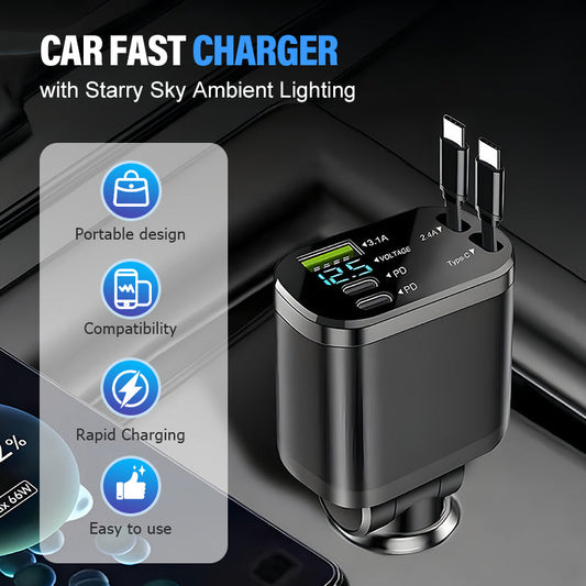 🚗 60% DE RÉDUCTION! ✨ Chargeur Rapide pour Voiture avec Éclairage d’Ambiance Ciel Étoilé – Moderne et Pratique 🌟