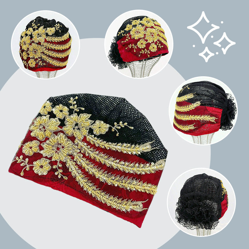 Élégant Bonnet-Foulard en Dentelle avec Décor de Fleurs à Paillettes