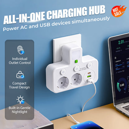 Adaptateur secteur EU avec 4 prises, prise murale multiport avec interrupteur indépendant et petit adaptateur pour veilleuse