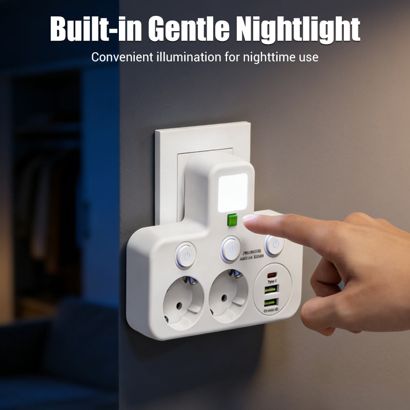 Adaptateur secteur EU avec 4 prises, prise murale multiport avec interrupteur indépendant et petit adaptateur pour veilleuse
