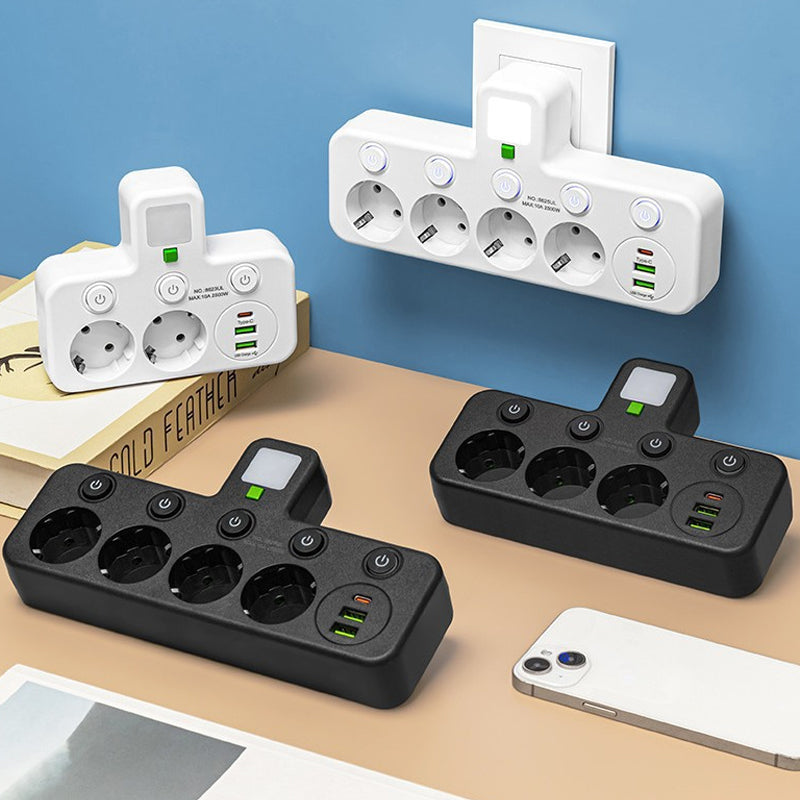 Adaptateur secteur EU avec 4 prises, prise murale multiport avec interrupteur indépendant et petit adaptateur pour veilleuse
