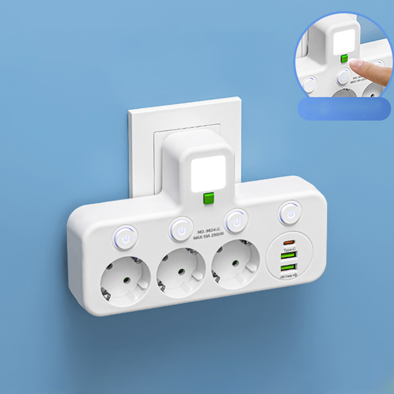 Adaptateur secteur EU avec 4 prises, prise murale multiport avec interrupteur indépendant et petit adaptateur pour veilleuse