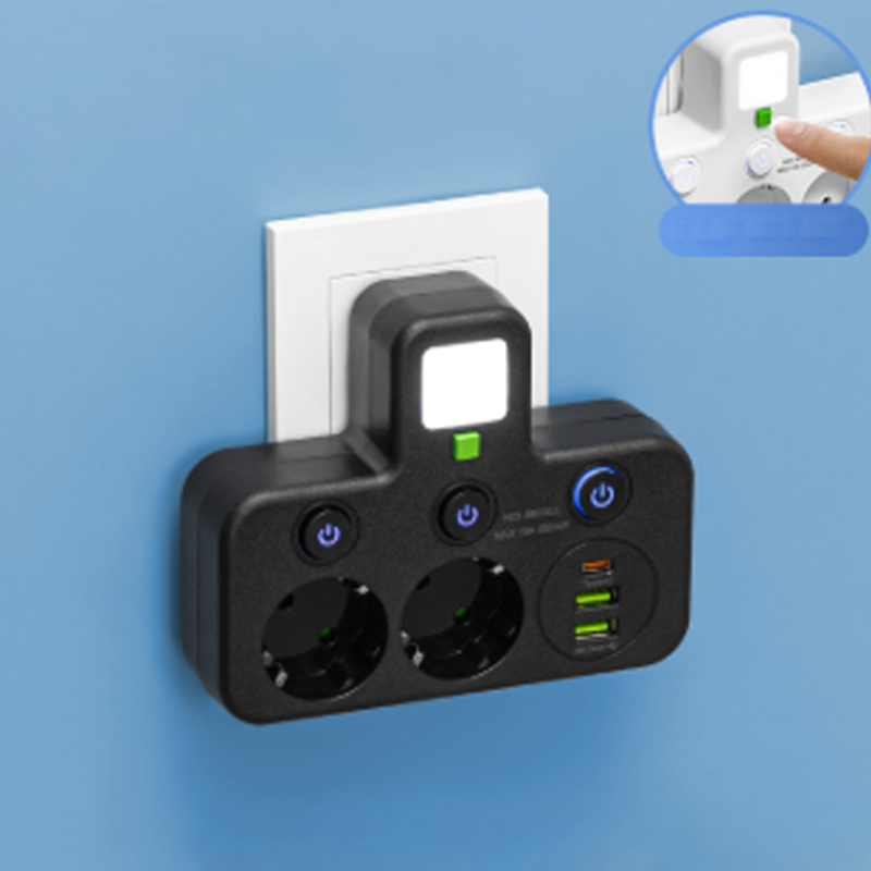 Adaptateur secteur EU avec 4 prises, prise murale multiport avec interrupteur indépendant et petit adaptateur pour veilleuse
