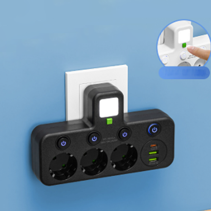 Adaptateur secteur EU avec 4 prises, prise murale multiport avec interrupteur indépendant et petit adaptateur pour veilleuse