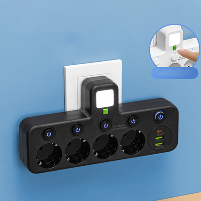 Adaptateur secteur EU avec 4 prises, prise murale multiport avec interrupteur indépendant et petit adaptateur pour veilleuse