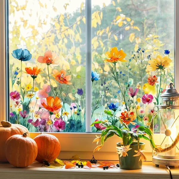 ✨DERNIER JOUR DE SOLDES 50 % DE RÉDUCTION !💐Autocollant pour fenêtre bouquet floral coloré🖼️