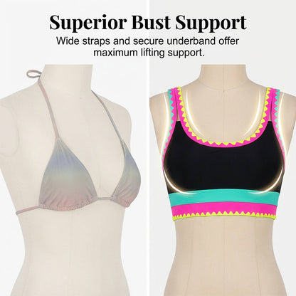 👙🌊 Ensemble bikini 3 pièces pour femme – Taille haute, motif color-block et zigzag, idéal pour la plage et les vacances