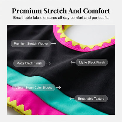 👙🌊 Ensemble bikini 3 pièces pour femme – Taille haute, motif color-block et zigzag, idéal pour la plage et les vacances
