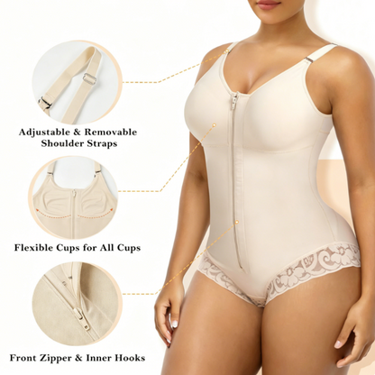 ✨ PROMO LIMITÉE -50% ! 💪 Body Gainant Zippé Femme – Compression 360° Ventre Plat, Fermeture Éclair + Crochets, Bretelles Amovibles · Noir & Nude · XS–3XL 🩱