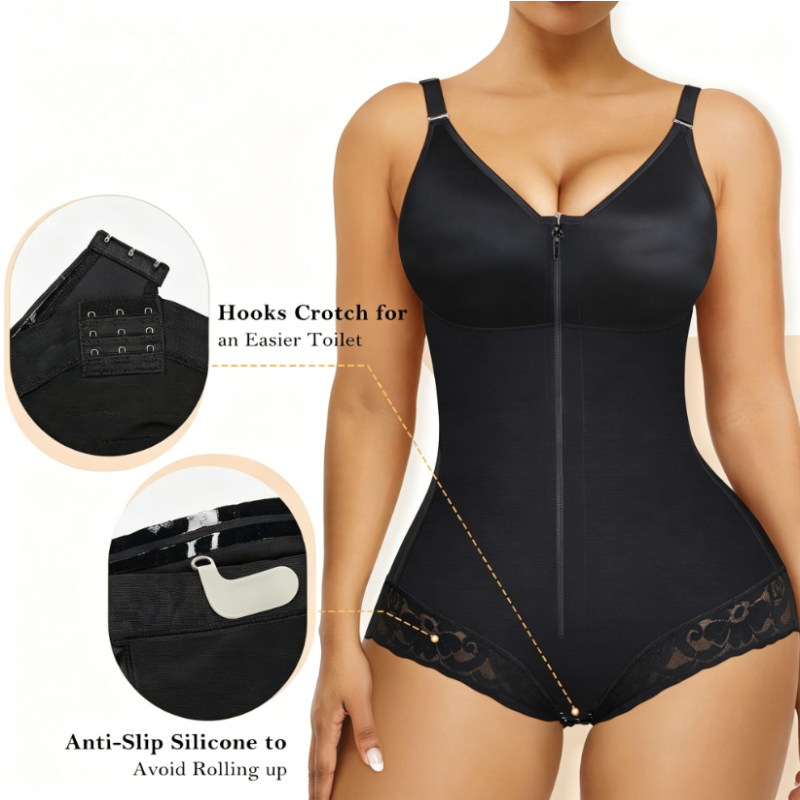 ✨ PROMO LIMITÉE -50% ! 💪 Body Gainant Zippé Femme – Compression 360° Ventre Plat, Fermeture Éclair + Crochets, Bretelles Amovibles · Noir & Nude · XS–3XL 🩱
