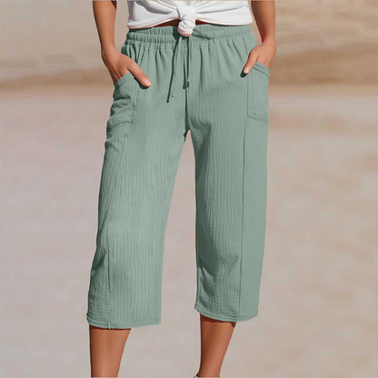 ❤️Pantalon court plissé en coton et lin uni pour femme