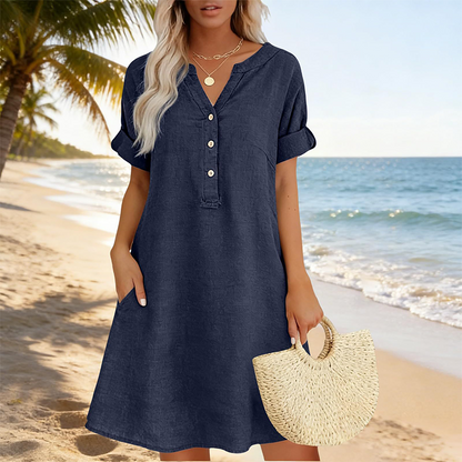 🍂OFFRE LIMITÉE 50% DE RÉDUCTION🌸Robe Tunique Indispensable à Col V avec Poches – Mélange de Coton Doux, Facile d’Entretien, Poches des Deux Côtés – Un Basique de Garde-Robe pour Printemps, Été et Superposition en Automne 🧥🧣