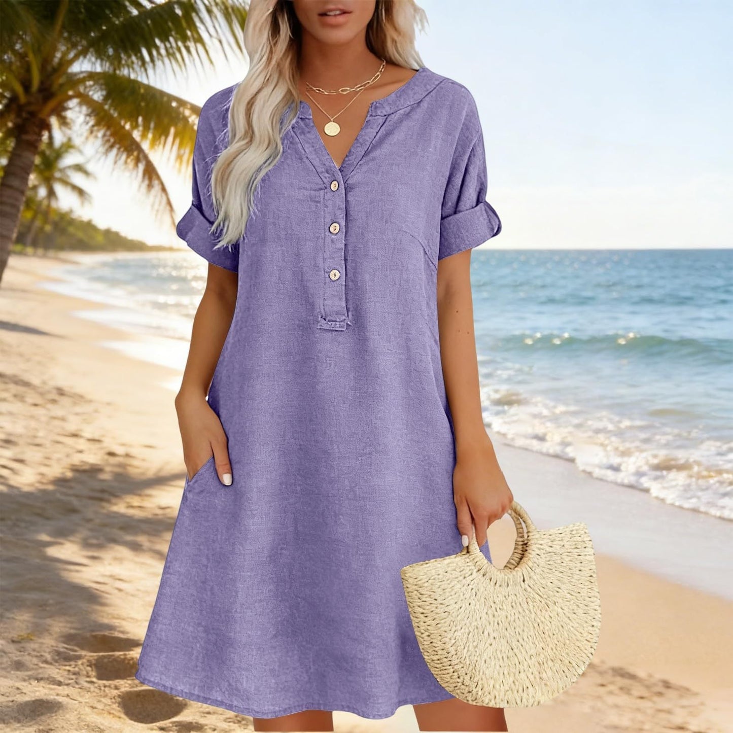 🍂OFFRE LIMITÉE 50% DE RÉDUCTION🌸Robe Tunique Indispensable à Col V avec Poches – Mélange de Coton Doux, Facile d’Entretien, Poches des Deux Côtés – Un Basique de Garde-Robe pour Printemps, Été et Superposition en Automne 🧥🧣