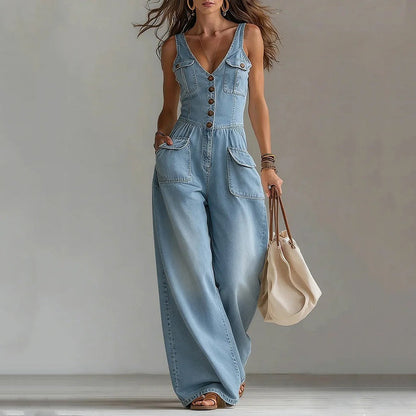 ✨Combinaison en jean sans manches à col en V pour femme