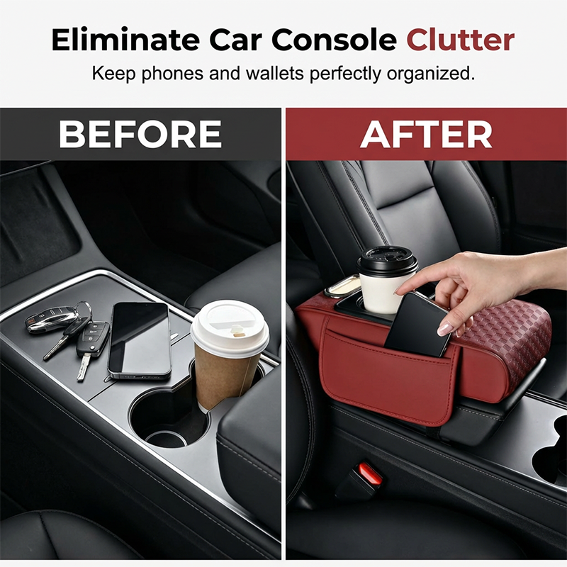 Coussin d'accoudoir de voiture, housse de console centrale 5 en 1 avec 2 sacs de rangement, porte-gobelet, emplacement pour boîte à mouchoirs, emplacement pour téléphone pour berlines, accessoires de voiture, organisateurs intérieurs