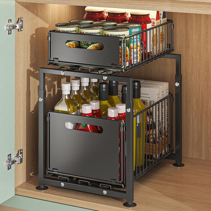 📢📢50 % DE RÉDUCTION !! ⏰Organisateur de placard à double étagère coulissante – 5 réglages en hauteur, 2 niveaux coulissants, acier au carbone et grande capacité – Aucun montage nécessaire ✨