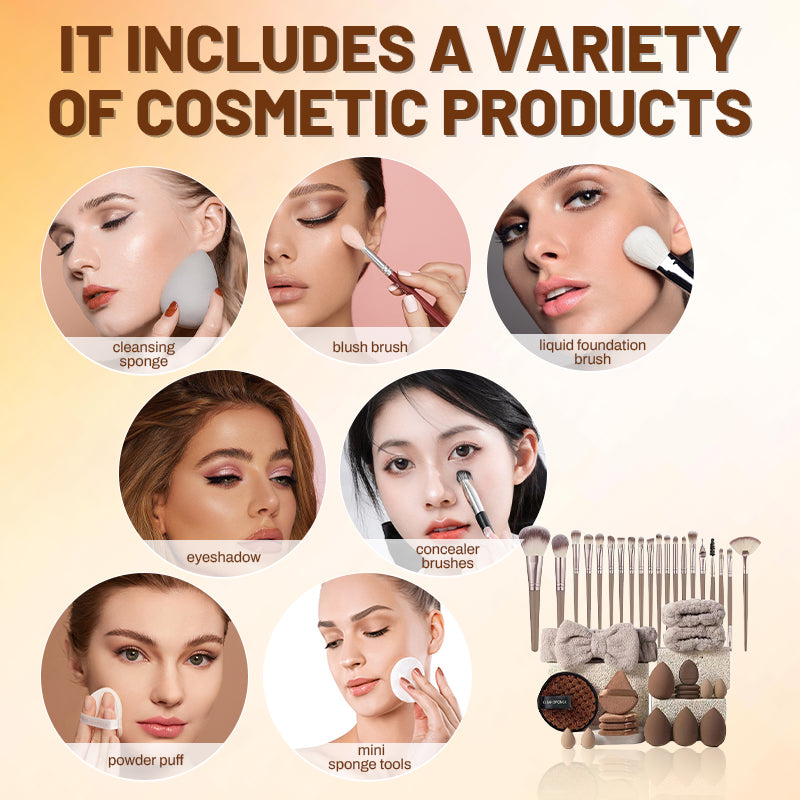 Coffret tout-en-un de pinceaux et éponges de maquillage