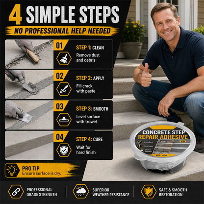 💞 PLUS DE 50 000 EXEMPLAIRES VENDUS ! 🔧🏠 55 % DE RÉDUCTION ! Colle de réparation pour marches en béton – Colle de manière permanente les marches et allées fissurées. Résistante aux intempéries : supporte la chaleur, le gel et la pluie! 🛡️✨