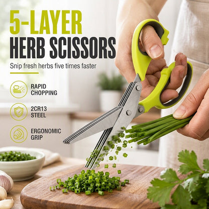 🔥 Ciseaux de cuisine en acier inoxydable multicouche – Coupe-herbes à 5 lames avec manche ergonomique – Idéal pour les herbes aromatiques, les oignons verts et les garnitures fraîches ✂️🌿