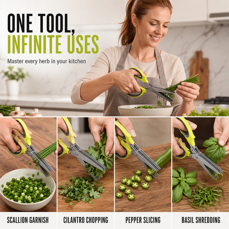 🔥 Ciseaux de cuisine en acier inoxydable multicouche – Coupe-herbes à 5 lames avec manche ergonomique – Idéal pour les herbes aromatiques, les oignons verts et les garnitures fraîches ✂️🌿