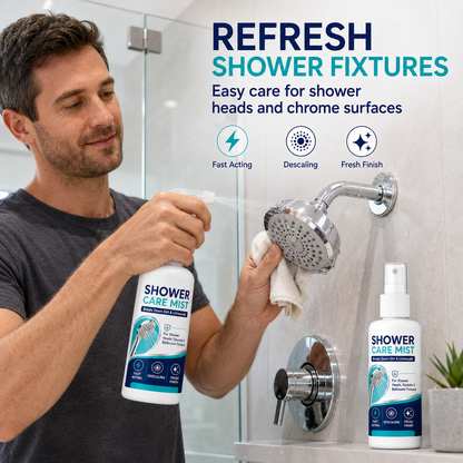 🚿✨Spray détartrant pour douche à action rapide – Élimine les dépôts minéraux tenaces et les taches d'eau calcaire. Rétablit le débit d'eau et redonne de l'éclat : il suffit de vaporiser et d'essuyer ! 🧼💪