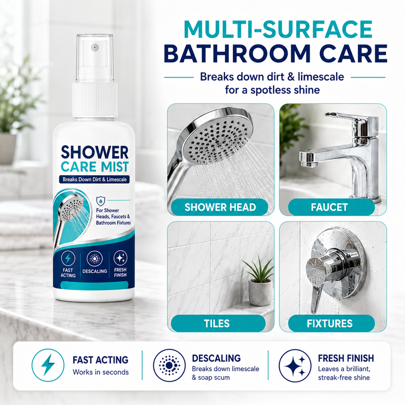 🚿✨Spray détartrant pour douche à action rapide – Élimine les dépôts minéraux tenaces et les taches d'eau calcaire. Rétablit le débit d'eau et redonne de l'éclat : il suffit de vaporiser et d'essuyer ! 🧼💪