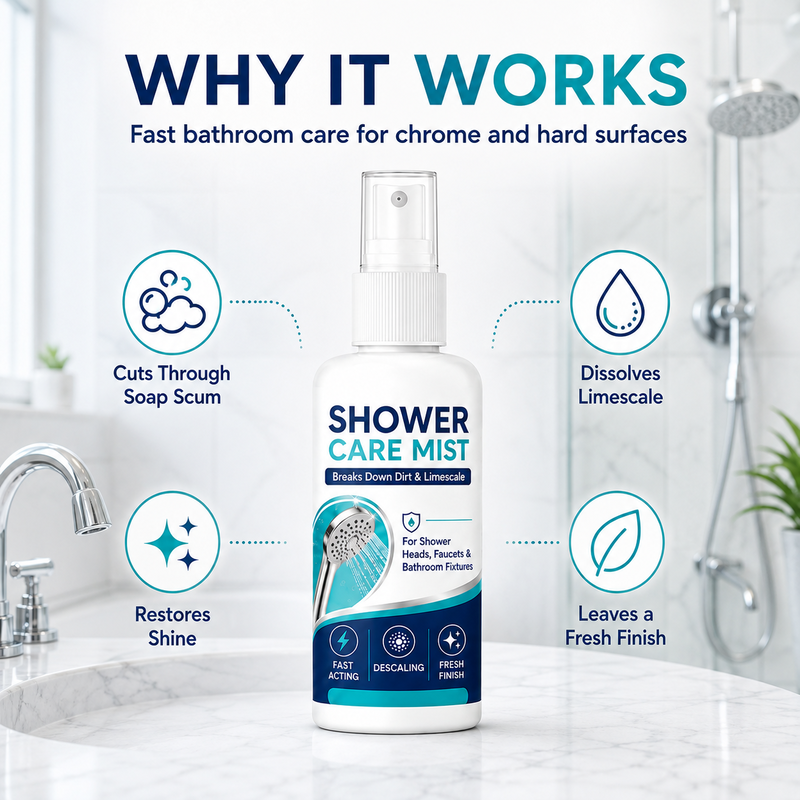 🚿✨Spray détartrant pour douche à action rapide – Élimine les dépôts minéraux tenaces et les taches d'eau calcaire. Rétablit le débit d'eau et redonne de l'éclat : il suffit de vaporiser et d'essuyer ! 🧼💪