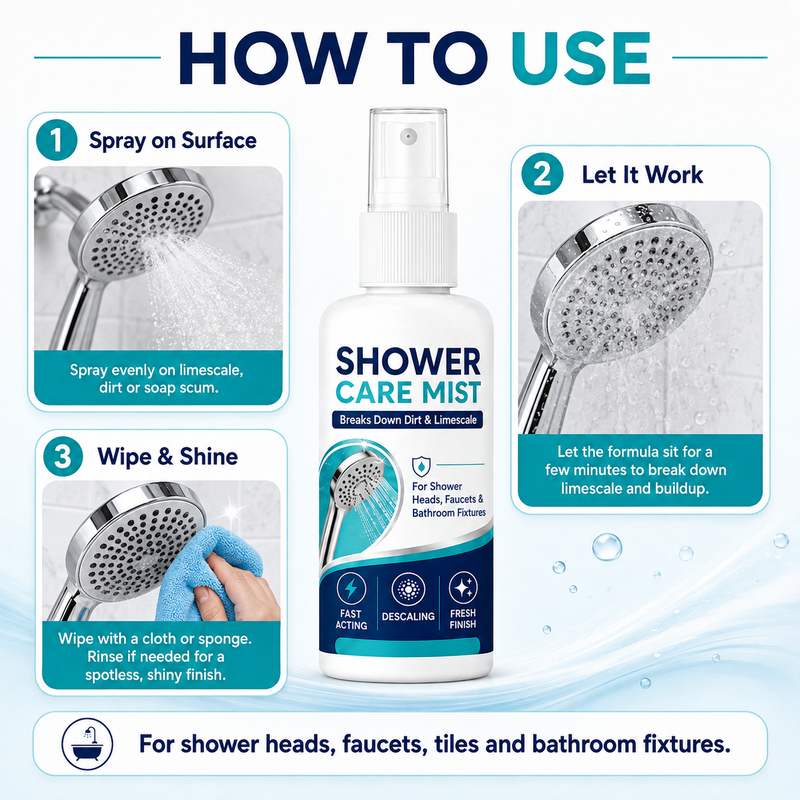 🚿✨Spray détartrant pour douche à action rapide – Élimine les dépôts minéraux tenaces et les taches d'eau calcaire. Rétablit le débit d'eau et redonne de l'éclat : il suffit de vaporiser et d'essuyer ! 🧼💪