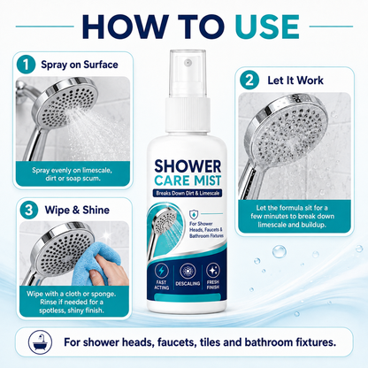 🚿✨Spray détartrant pour douche à action rapide – Élimine les dépôts minéraux tenaces et les taches d'eau calcaire. Rétablit le débit d'eau et redonne de l'éclat : il suffit de vaporiser et d'essuyer ! 🧼💪