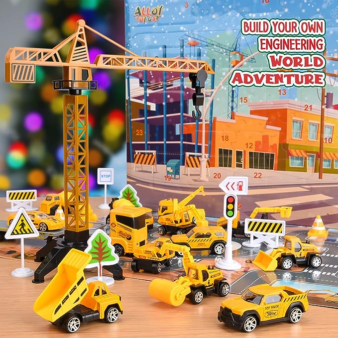 🚗 50% DE RÉDUCTION! 🎁 CALENDRIER DE L'AVENT GARÇON - 24 Jours de Chantier Miniature, Véhicules Alliés avec Outils Réalistes 👷🔧