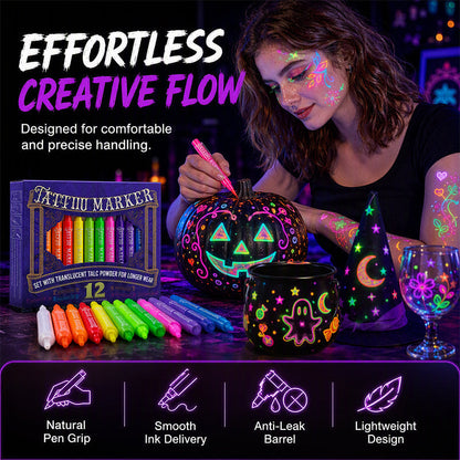 🔥PROMO 50% ! Stylos tatouage phosphorescents ✨ Brillent sous lumière noire, sans danger, s’effacent au lavage, fêtes et anniversaires 🎉