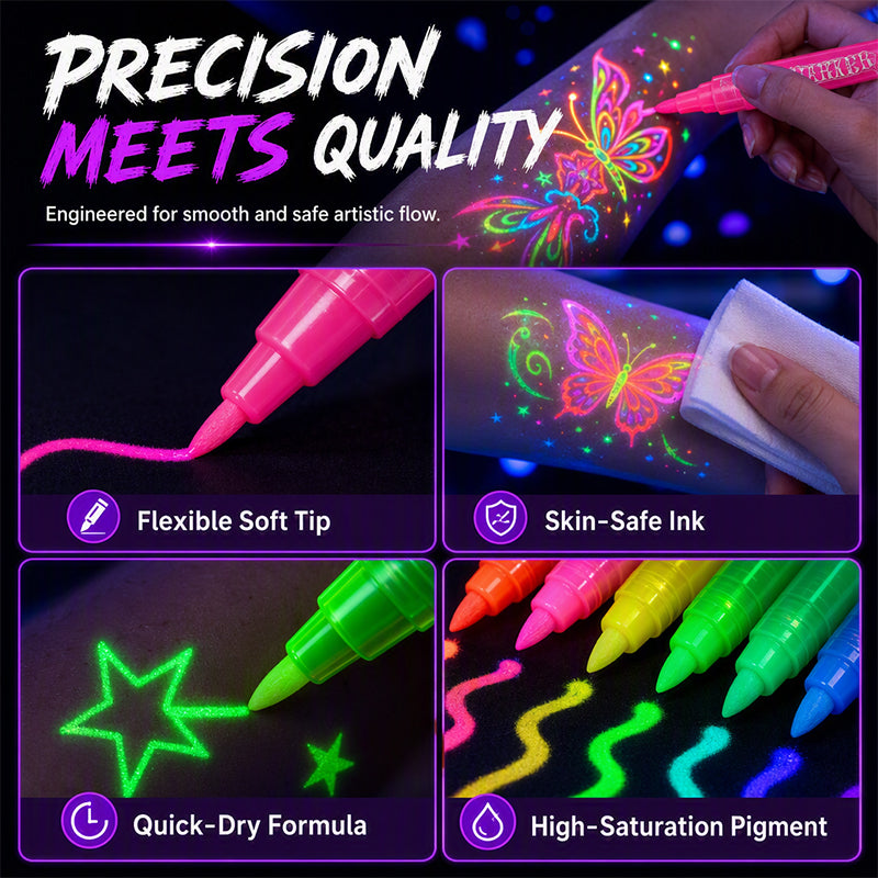 🔥PROMO 50% ! Stylos tatouage phosphorescents ✨ Brillent sous lumière noire, sans danger, s’effacent au lavage, fêtes et anniversaires 🎉