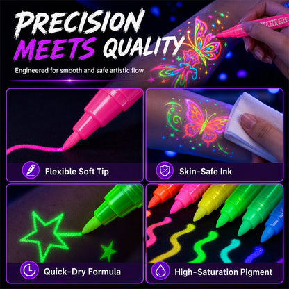 🔥PROMO 50% ! Stylos tatouage phosphorescents ✨ Brillent sous lumière noire, sans danger, s’effacent au lavage, fêtes et anniversaires 🎉