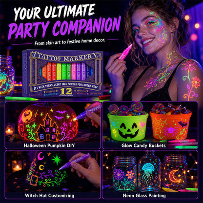 🔥PROMO 50% ! Stylos tatouage phosphorescents ✨ Brillent sous lumière noire, sans danger, s’effacent au lavage, fêtes et anniversaires 🎉