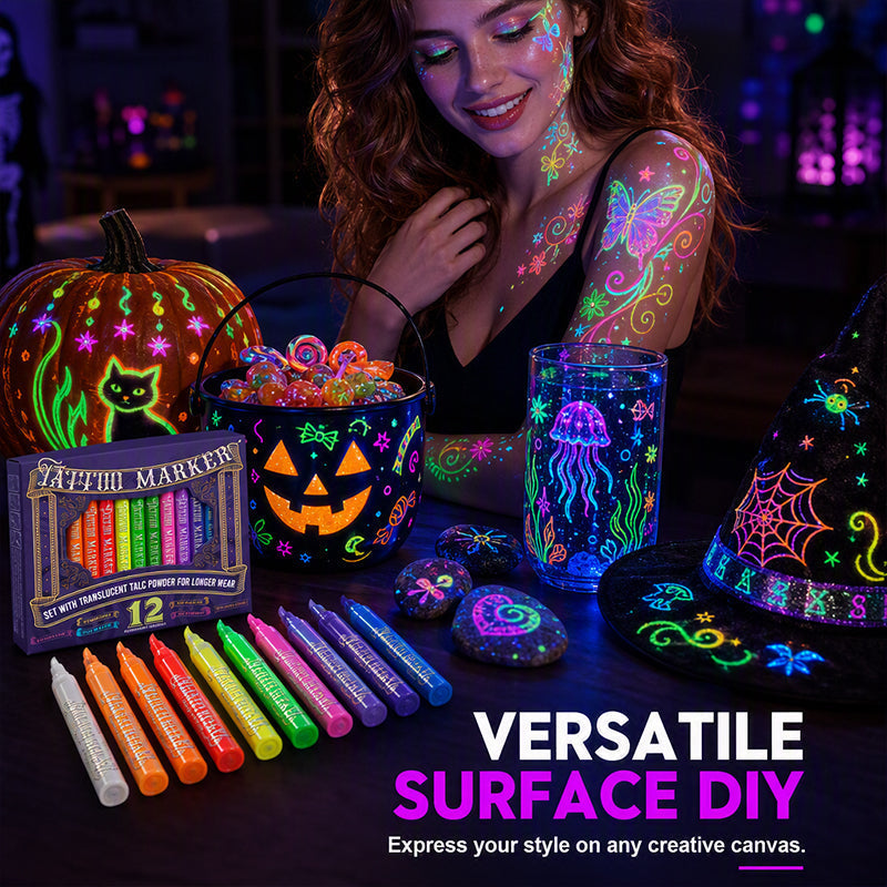 🔥PROMO 50% ! Stylos tatouage phosphorescents ✨ Brillent sous lumière noire, sans danger, s’effacent au lavage, fêtes et anniversaires 🎉