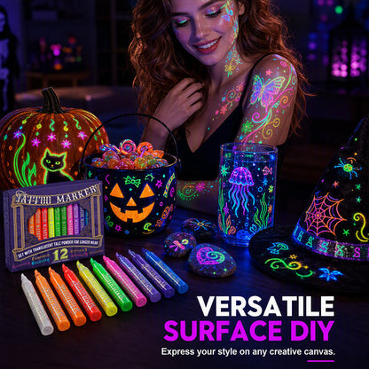 🔥PROMO 50% ! Stylos tatouage phosphorescents ✨ Brillent sous lumière noire, sans danger, s’effacent au lavage, fêtes et anniversaires 🎉
