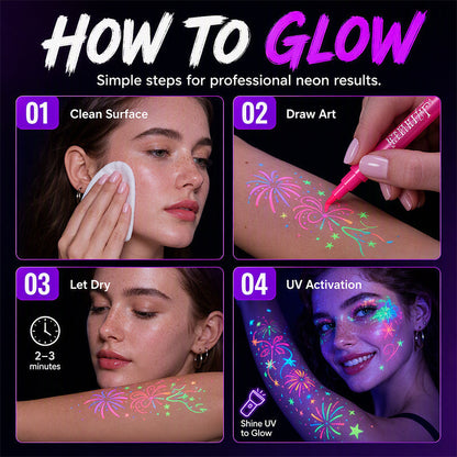 🔥PROMO 50% ! Stylos tatouage phosphorescents ✨ Brillent sous lumière noire, sans danger, s’effacent au lavage, fêtes et anniversaires 🎉