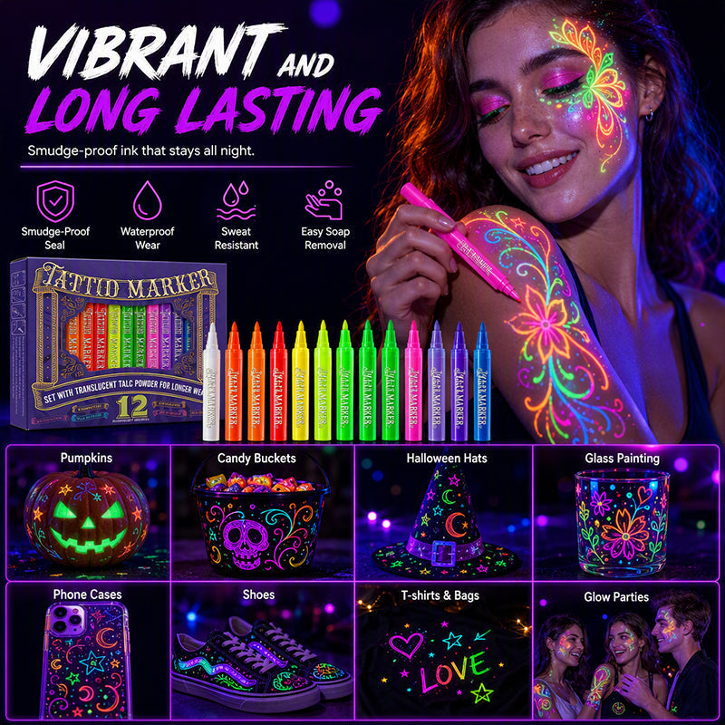 🔥PROMO 50% ! Stylos tatouage phosphorescents ✨ Brillent sous lumière noire, sans danger, s’effacent au lavage, fêtes et anniversaires 🎉