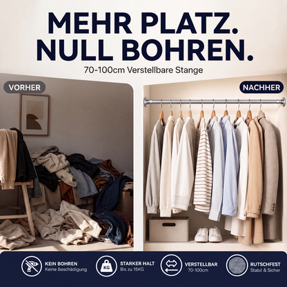 🔧 50 % DE RÉDUCTION EN CE MOMENT ! 📏 Tringle réglable sans perçage – Montage sans outils, fixation solide et polyvalente – Crée instantanément un espace de rangement partout et à tout moment 🏠