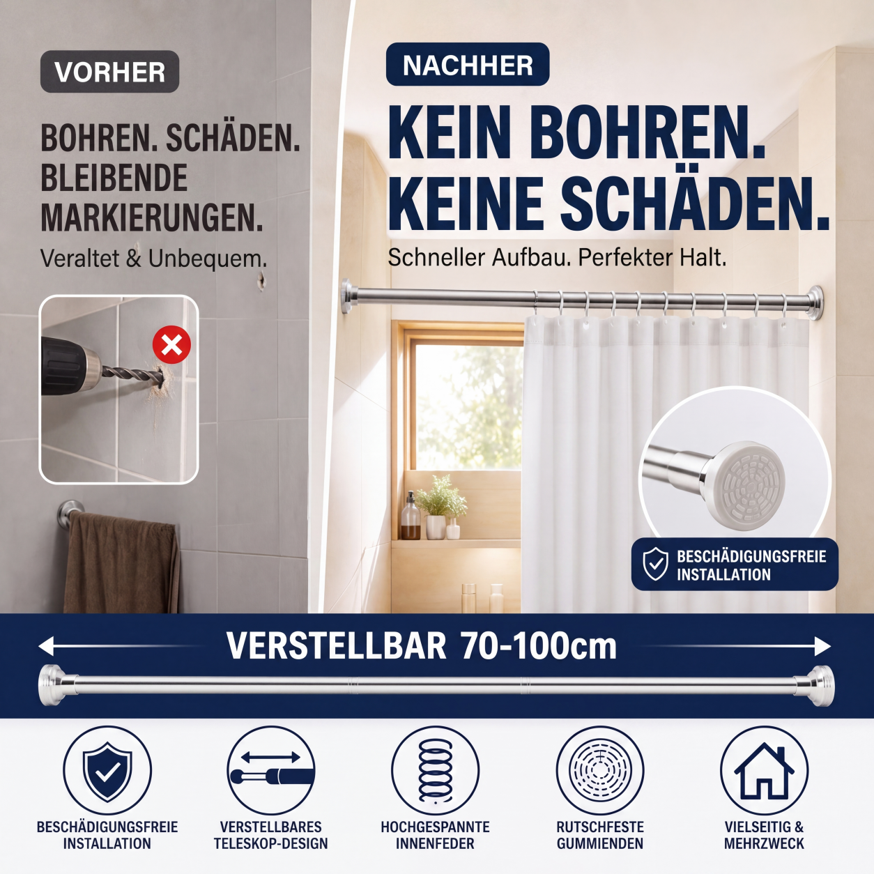 🔧 50 % DE RÉDUCTION EN CE MOMENT ! 📏 Tringle réglable sans perçage – Montage sans outils, fixation solide et polyvalente – Crée instantanément un espace de rangement partout et à tout moment 🏠
