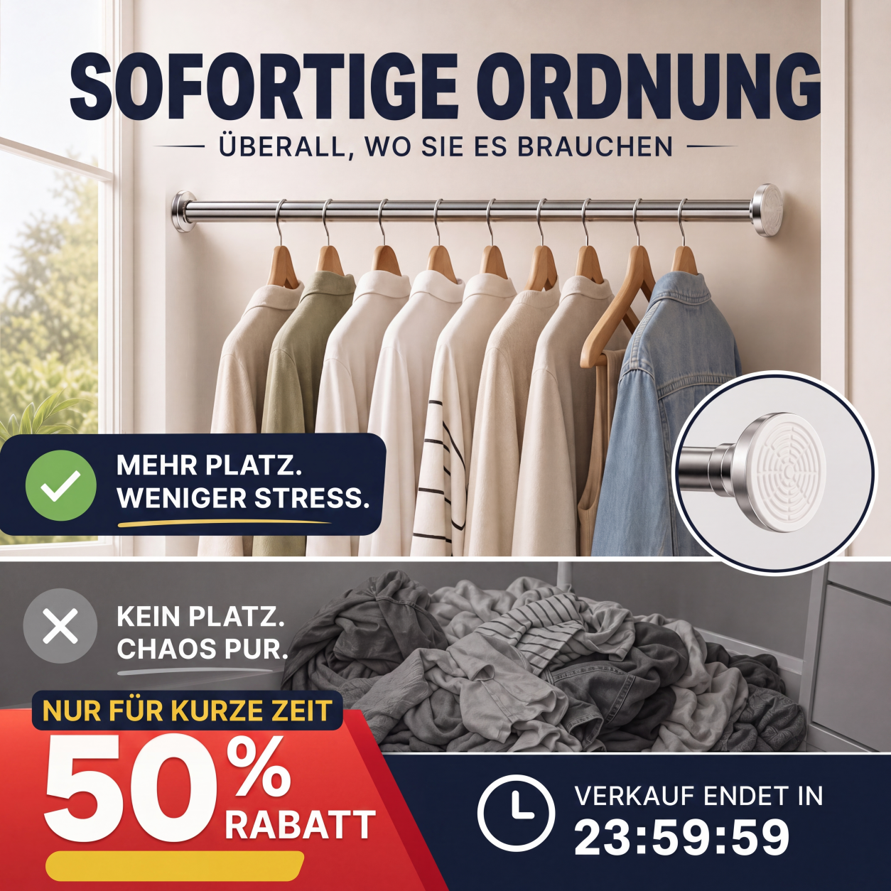 🔧 50 % DE RÉDUCTION EN CE MOMENT ! 📏 Tringle réglable sans perçage – Montage sans outils, fixation solide et polyvalente – Crée instantanément un espace de rangement partout et à tout moment 🏠