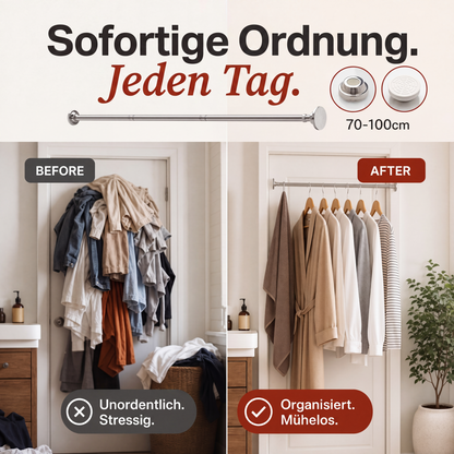 🔧 50 % DE RÉDUCTION EN CE MOMENT ! 📏 Tringle réglable sans perçage – Montage sans outils, fixation solide et polyvalente – Crée instantanément un espace de rangement partout et à tout moment 🏠