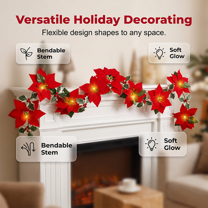 🕊️🎄 Guirlande de Noël florale – Poinsettias lumineux, ambiance chaleureuse, habillez votre intérieur de tradition et de douceur, pour des fêtes inoubliables en famille 🌟🏠