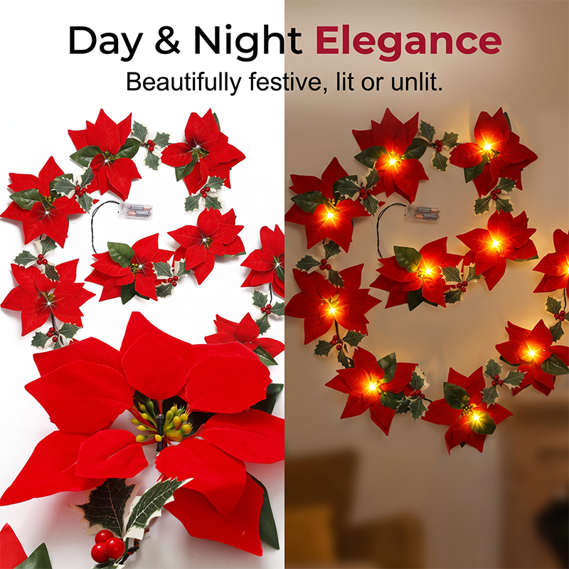 🕊️🎄 Guirlande de Noël florale – Poinsettias lumineux, ambiance chaleureuse, habillez votre intérieur de tradition et de douceur, pour des fêtes inoubliables en famille 🌟🏠