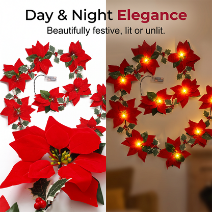 🕊️🎄 Guirlande de Noël florale – Poinsettias lumineux, ambiance chaleureuse, habillez votre intérieur de tradition et de douceur, pour des fêtes inoubliables en famille 🌟🏠