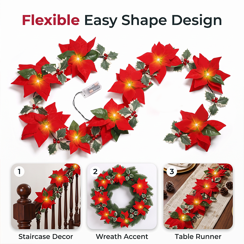 🕊️🎄 Guirlande de Noël florale – Poinsettias lumineux, ambiance chaleureuse, habillez votre intérieur de tradition et de douceur, pour des fêtes inoubliables en famille 🌟🏠