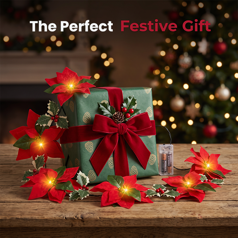 🕊️🎄 Guirlande de Noël florale – Poinsettias lumineux, ambiance chaleureuse, habillez votre intérieur de tradition et de douceur, pour des fêtes inoubliables en famille 🌟🏠
