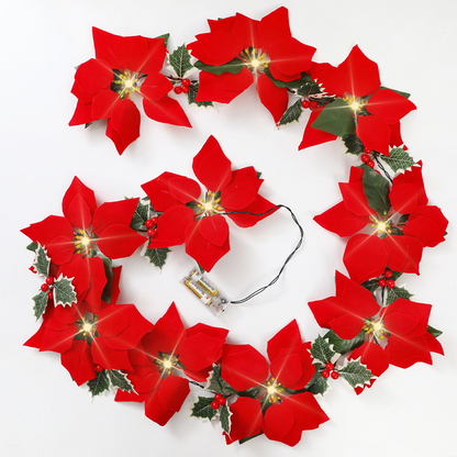 🕊️🎄 Guirlande de Noël florale – Poinsettias lumineux, ambiance chaleureuse, habillez votre intérieur de tradition et de douceur, pour des fêtes inoubliables en famille 🌟🏠