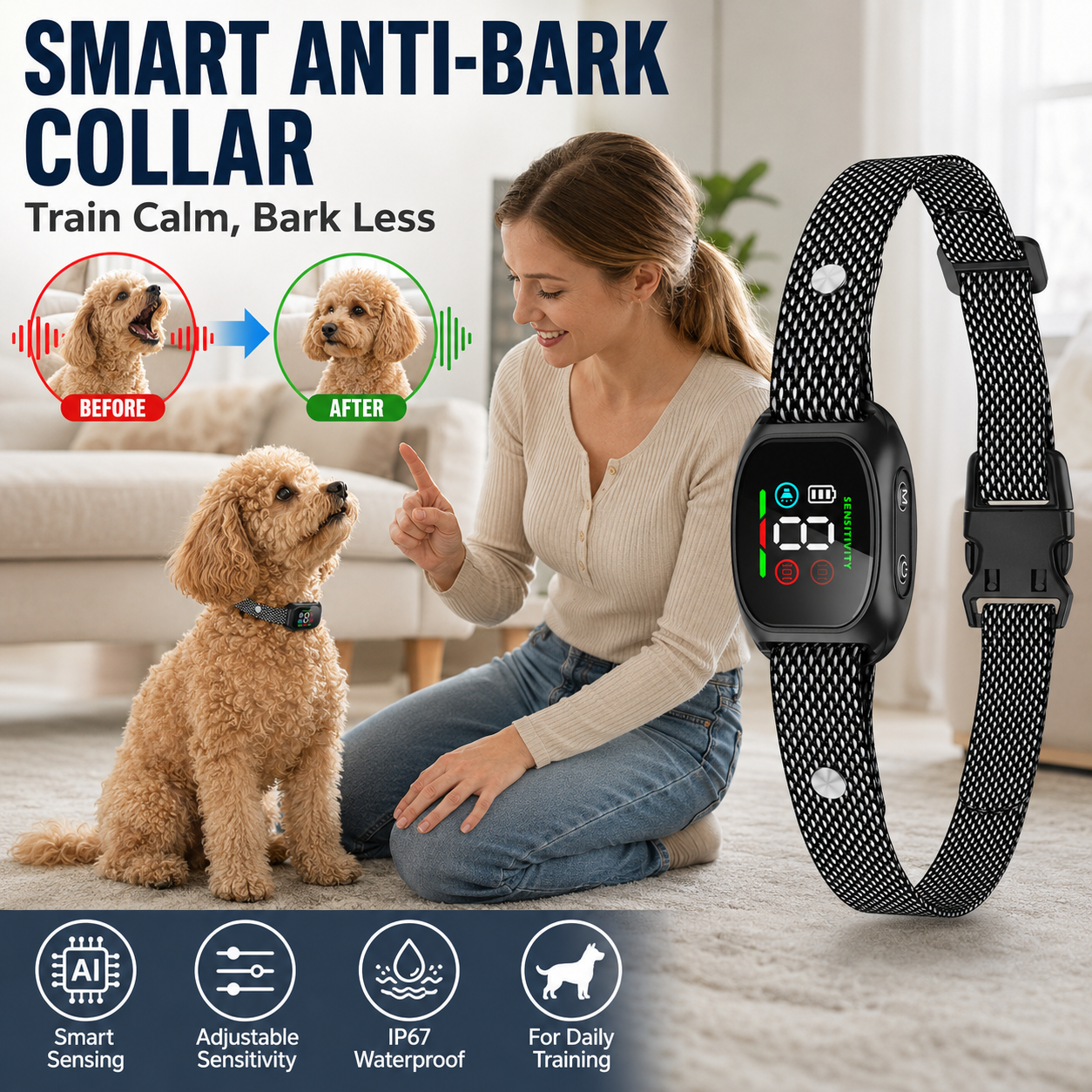 Collier anti-aboiement intelligent pour chiens
